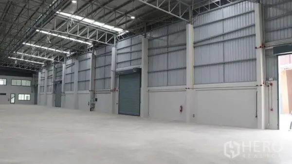 Warehouse for rent in Sam Phran, Nakhon Pathom - Bright modern warehouse interior with high ceilings, steel trusses, multiple roller shutter doors and polished concrete floor in Sam Phran.