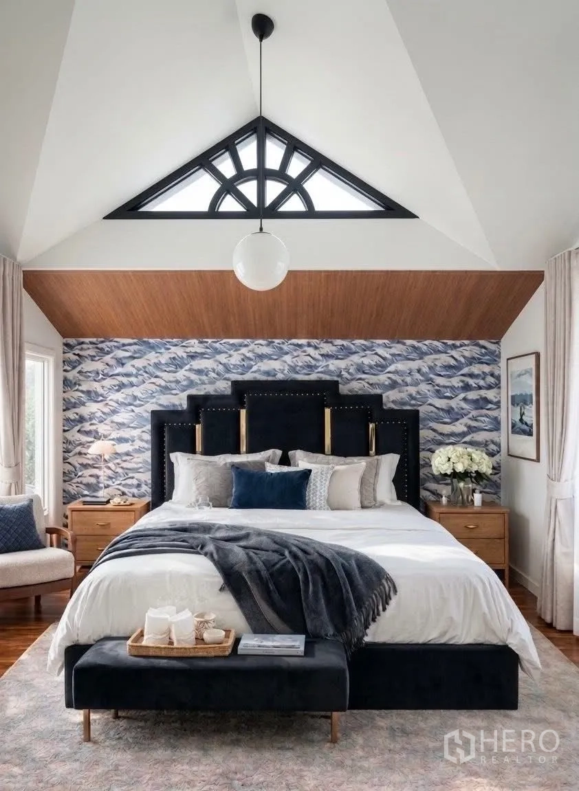 Detached House for rent in Suan Luang, Bangkok - Stylish bedroom with a vaulted ceiling, feature wallpaper and an upholstered bed.