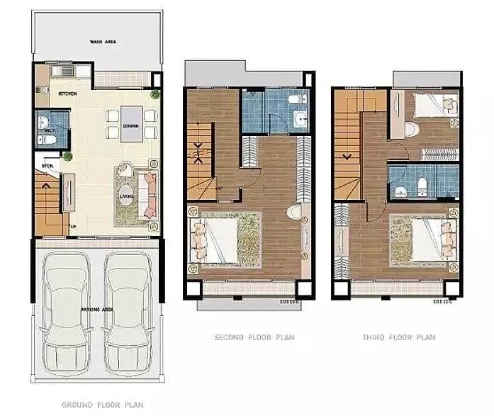 Townhouse for sale in Suan Luang, Bangkok - Three-storey townhouse floor plan showing parking, living areas and 3 bedrooms.