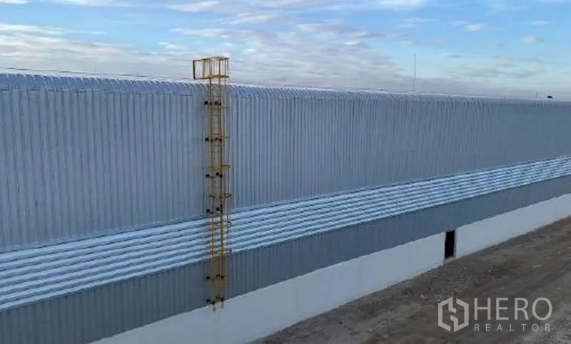 Warehouse for rent in Mueang Rayong, Rayong - Side elevation of corrugated metal warehouse facade with an external safety ladder under blue sky.