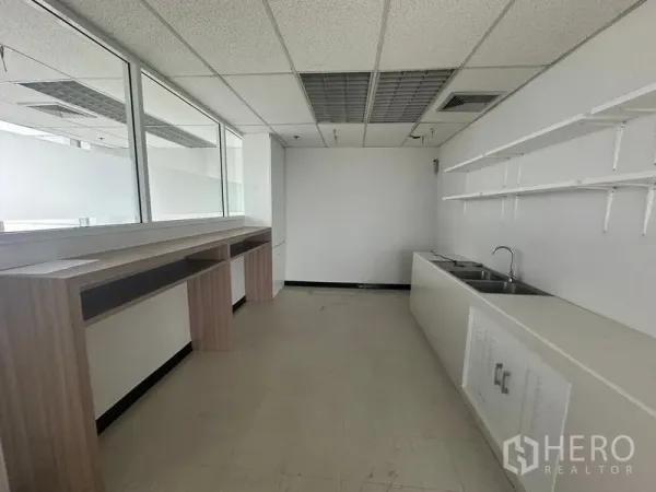 Office Space for rent - Another view of the office kitchenette featuring dual sinks, a long counter and wall shelves.
