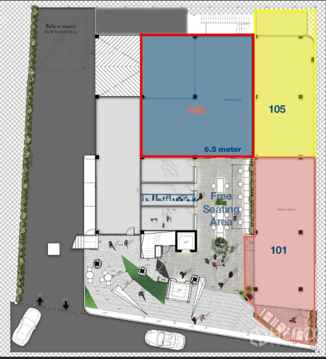 Retail Space for rent in Watthana, Bangkok - Floor plan illustrating unit layout and width with shared seating area.