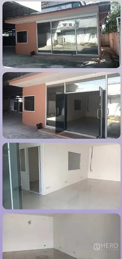 Warehouse for rent in Lat Phrao, Bangkok - Collage of the front office building with sliding glass doors and bright interior rooms.
