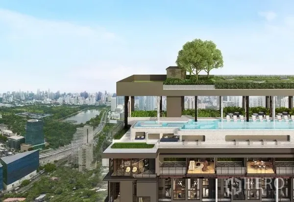 Condominium for sale in Khlong Toei, Bangkok - Rooftop infinity pool with shaded seating, garden terrace, and wide city views.
