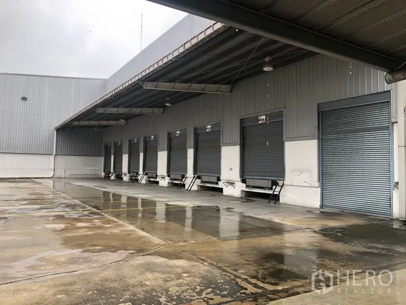 Factory for rent in Phra Nakhon Si Ayutthaya - Covered loading platform featuring several dock levelers and metal roller shutters for trailers.