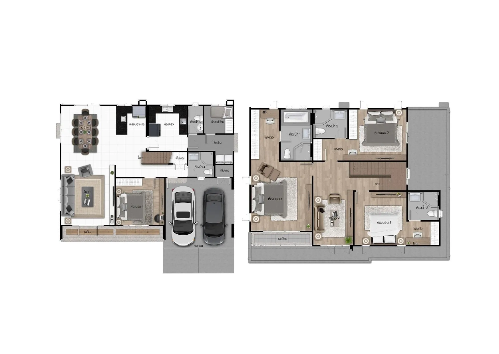 Detached House for rent or sale in Lam Luk Ka, Pathum Thani - Floor plan showing two-storey layout with four bedrooms and parking.