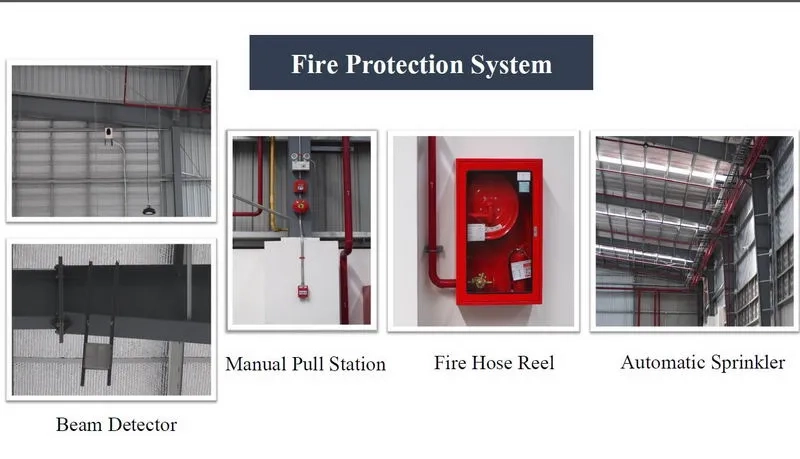 Factory for rent in Mueang Rayong, Rayong - Close-up of the fire protection system: beam detector, manual pull station, hose reel and automatic sprinklers.