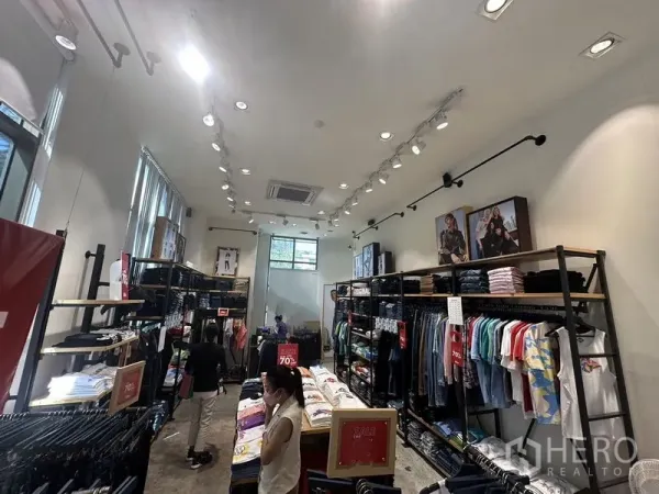 Retail Space for rent in Phra Khanong, Bangkok - Long, high-ceiling sales floor with shelves on both sides and central display tables, air-conditioned.