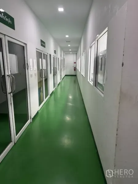 Factory for sale in Lam Luk Ka, Pathum Thani - Clean corridor with green epoxy floor, glass doors to production rooms and bright LED lighting.