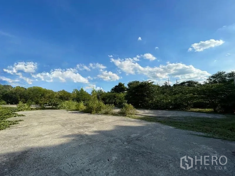 Land for rent in Phra Khanong, Bangkok - Open concrete-surfaced land bordered by trees and shrubs near BTS Punnawithi in Bangkok.