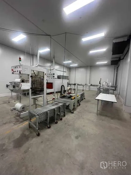 Factory for rent - Packaging and processing line with conveyors and sealing equipment inside a brightly lit cleanroom.