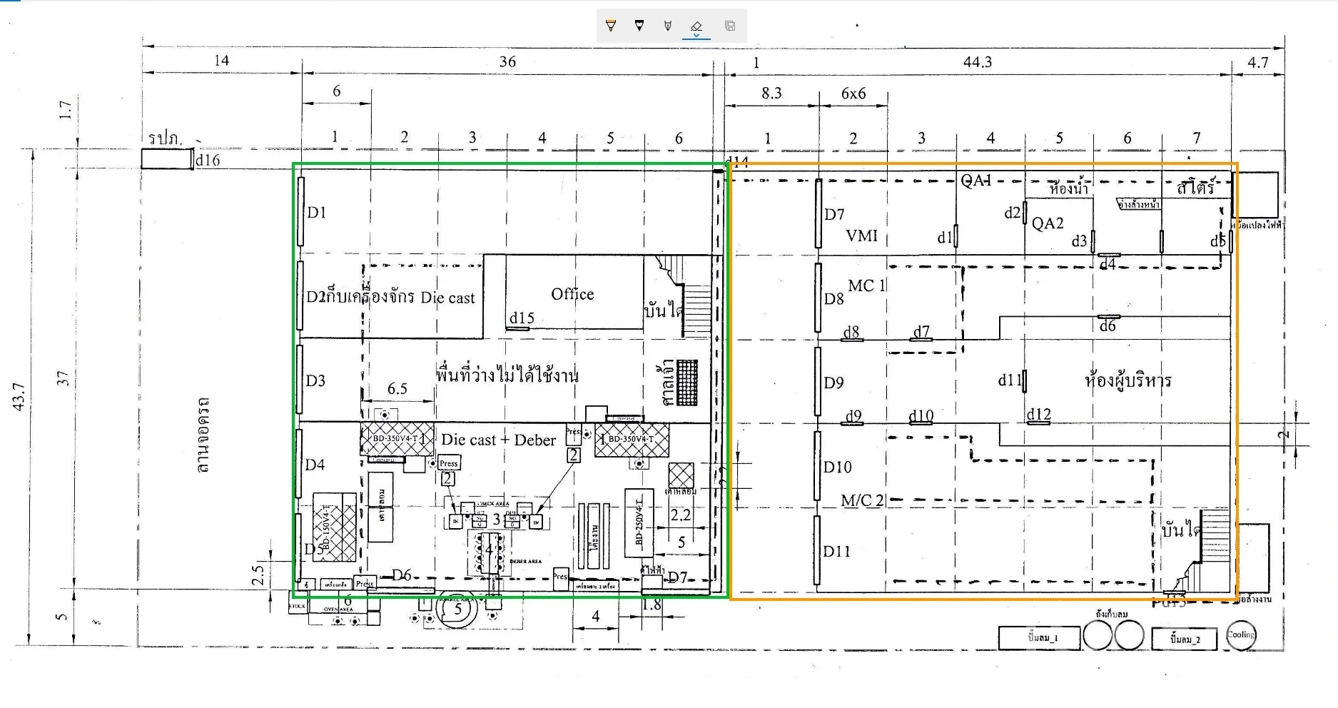 工厂 for sale in Khlong Luang, Pathum Thani - 厂房平面图，标注生产区与办公区分布。