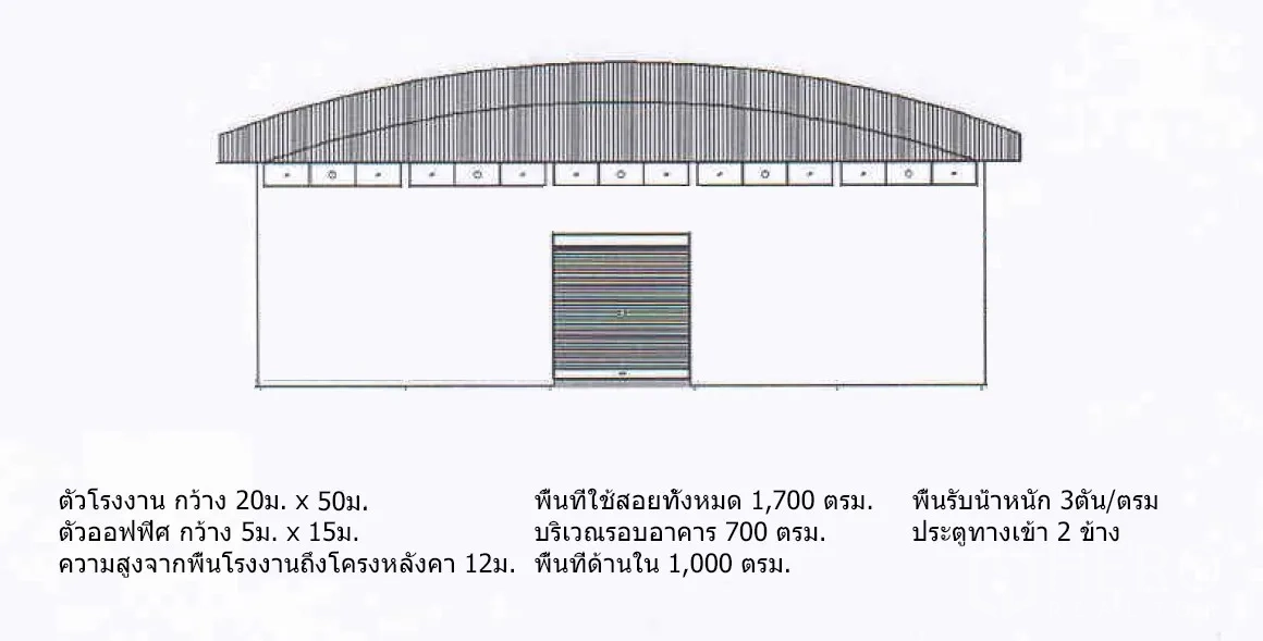 Factory for rent in Lam Luk Ka, Pathum Thani - Simple building plan illustrating factory and office dimensions, floor load and dual entry points.