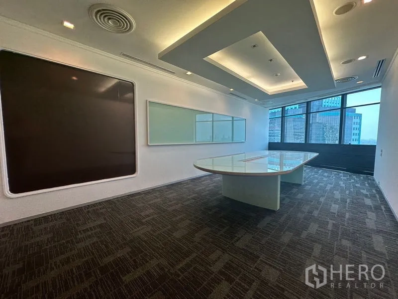 Office Space for rent in Khlong Toei, Bangkok - Meeting room with whiteboards and an oval glass table near windows.