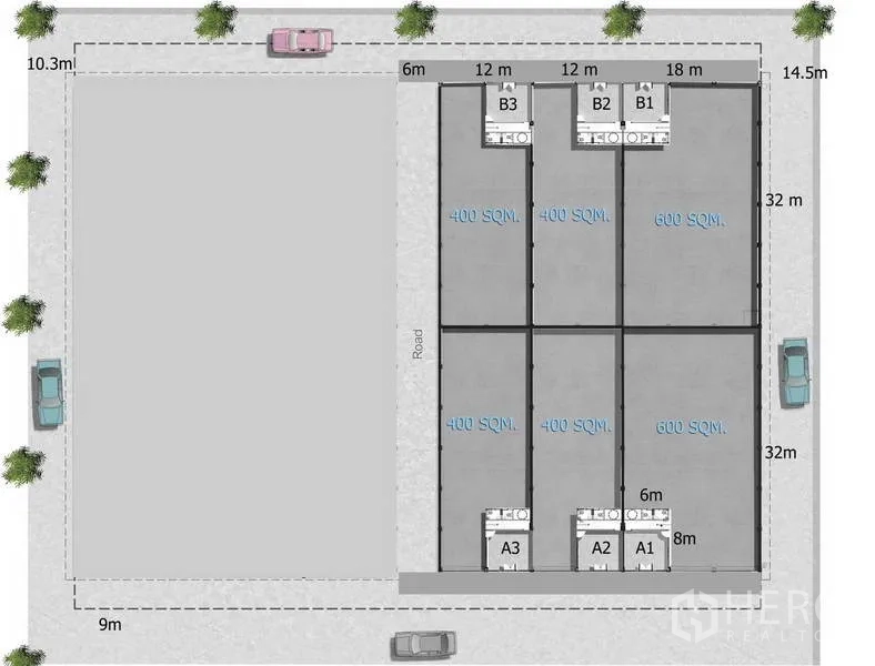 Warehouse for rent in Khlong Luang, Pathum Thani - Site plan showing 400–600 sqm warehouse units and the internal access road layout.