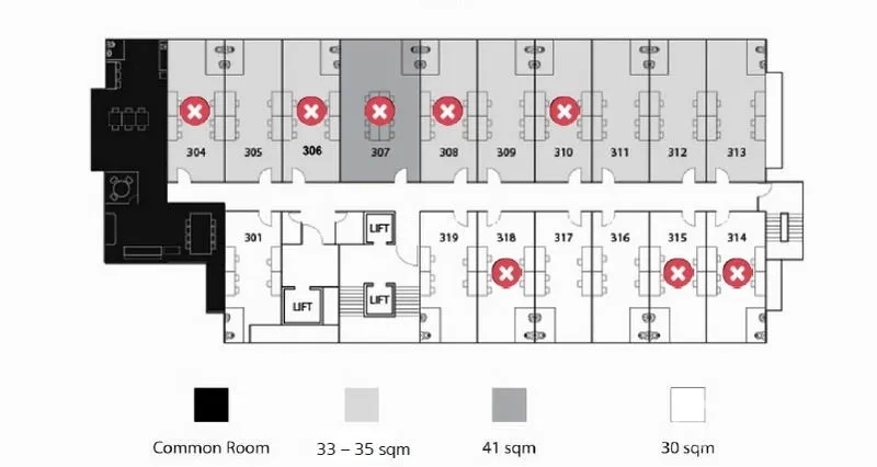 Office Space for rent in Khlong Toei, Bangkok - Office floor plan showing private rooms from 30–41 sqm with lifts and a common room layout.