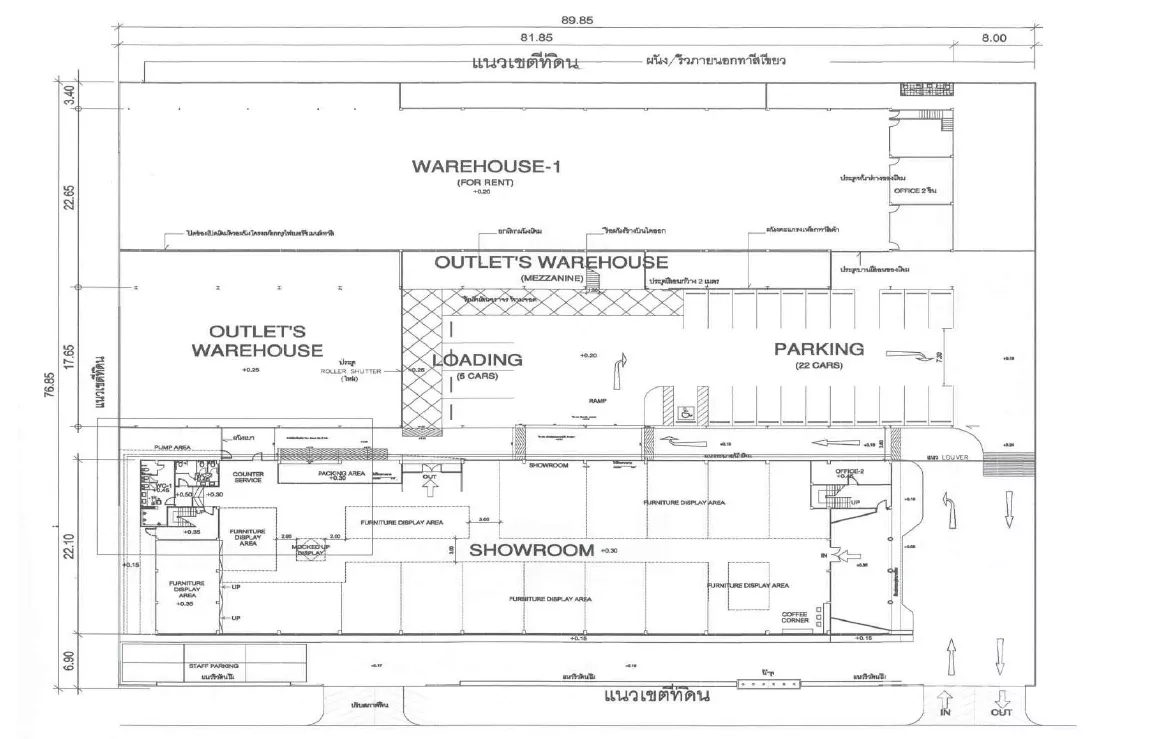 Warehouse for rent in Khlong Luang, Pathum Thani - Site plan showing warehouse, mezzanine outlet area, loading zone and car parking.