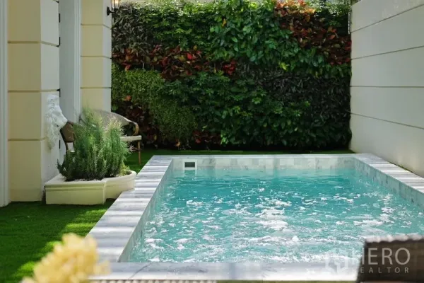 Detached House for rent or sale in Watthana, Bangkok - Private plunge pool beside a lush vertical garden and trimmed turf.
