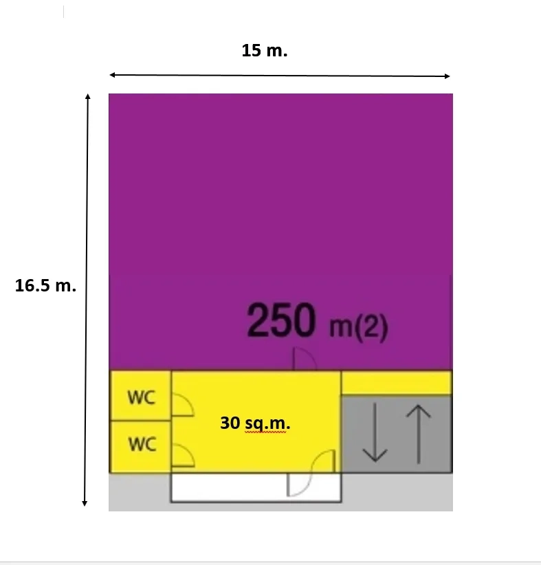 Factory for rent in Khlong Luang, Pathum Thani - Unit plan highlighting 250 sqm warehouse area with 30 sqm office and WCs.