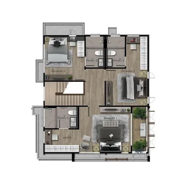 Detached House for rent in Bang Kapi, Bangkok - Upper-floor plan with three bedrooms, multiple bathrooms and family area