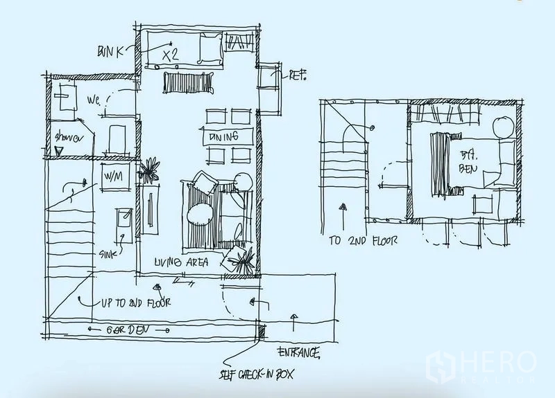 Home Office for rent in Watthana, Bangkok - Hand-drawn floor plan showing living area, dining, bunks, and an upper bedroom.