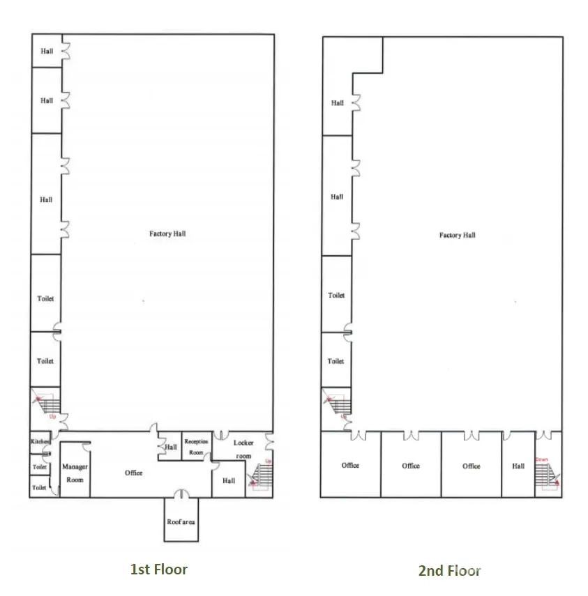 Factory for sale in Khlong Luang, Pathum Thani - Two-storey factory and office floor plans showing halls, offices and service rooms.