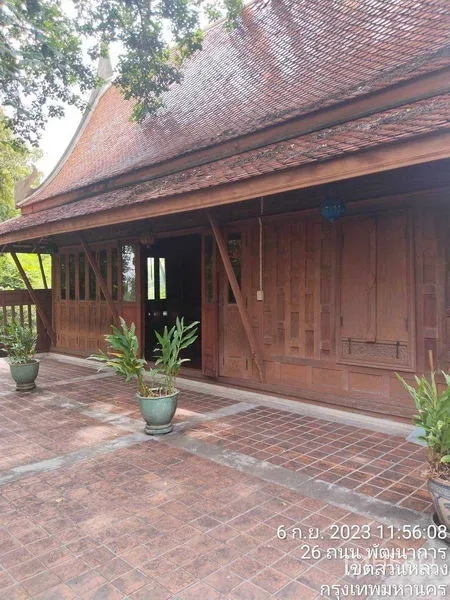 独立式住宅 出租或出售在Suan Luang, Bangkok - 抬高的泰式木屋，宽阔的砖面露台与绿植盆栽。