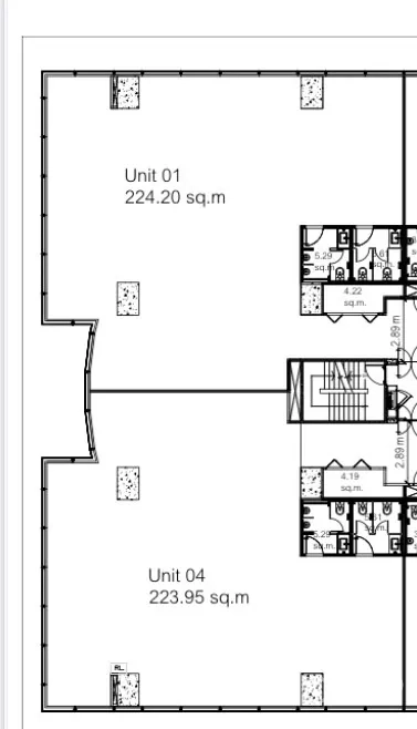Office Space for rent in Din Daeng, Bangkok - Floor plan showing two contiguous office units totaling about 450 sq m around a central core with restrooms.