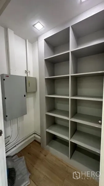 Retail Space for rent - Compact storage room with built-in shelving and an electrical panel.
