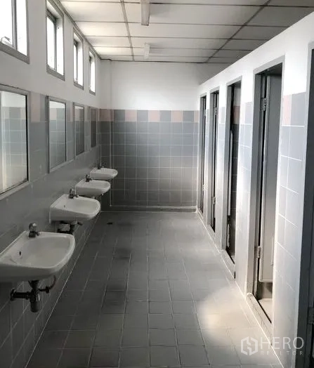 Factory for rent in Bang Pa-in, Phra Nakhon Si Ayutthaya - Clean tiled staff restroom with multiple stalls and basins.