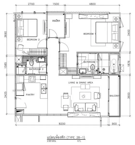 Condominium for rent in Khlong Toei, Bangkok - Two-bedroom, two-bathroom condominium floor plan with balcony layout.