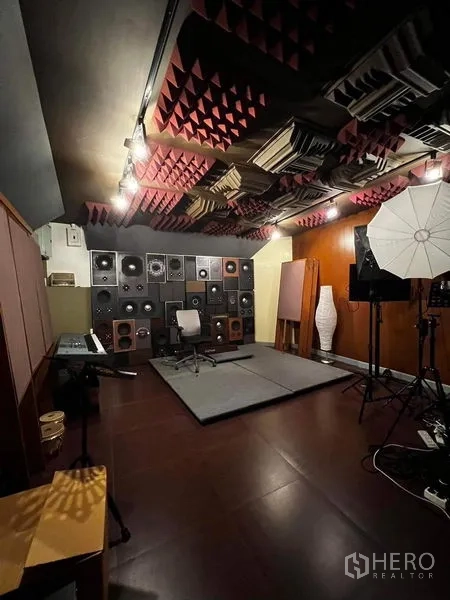 Townhouse for rent - Studio live room with acoustic foam ceiling and a wall of speakers.