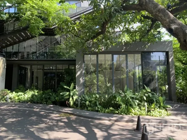 办公空间 出租在Khlong Toei, Bangkok - 现代低层办公楼外观，整面落地窗与绿化、车道