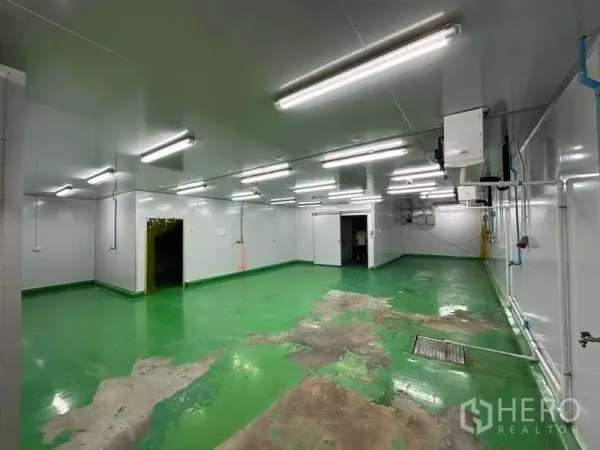 Warehouse for rent in Khlong Luang, Pathum Thani - Climate-controlled clean room with green epoxy flooring and bright ceiling lights.