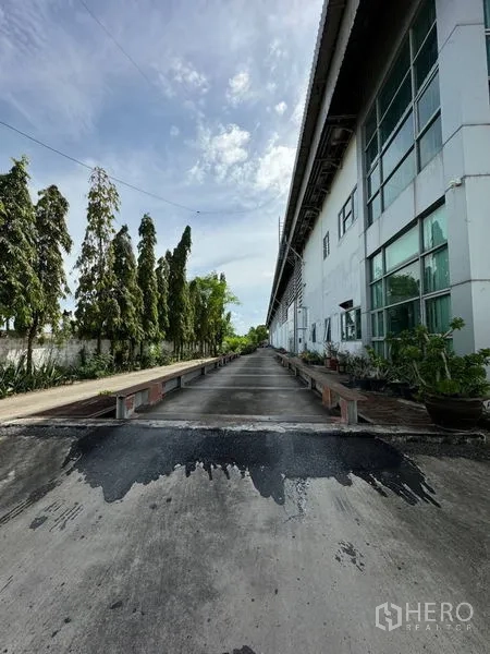 Warehouse for rent in Bang Phli, Samut Prakan - Long loading driveway with raised platforms beside the warehouse and a tree-lined boundary wall.