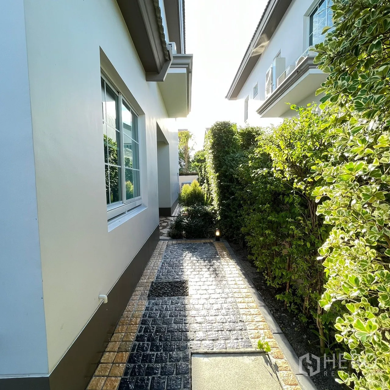 Detached House for rent or sale in Bang Khen, Bangkok - Paved side passage between house and trimmed greenery.