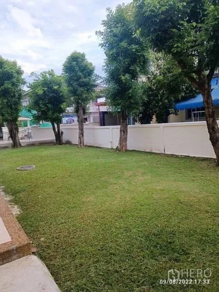Detached House for sale in Prawet, Bangkok - Green lawn garden with a row of trees along the boundary wall.