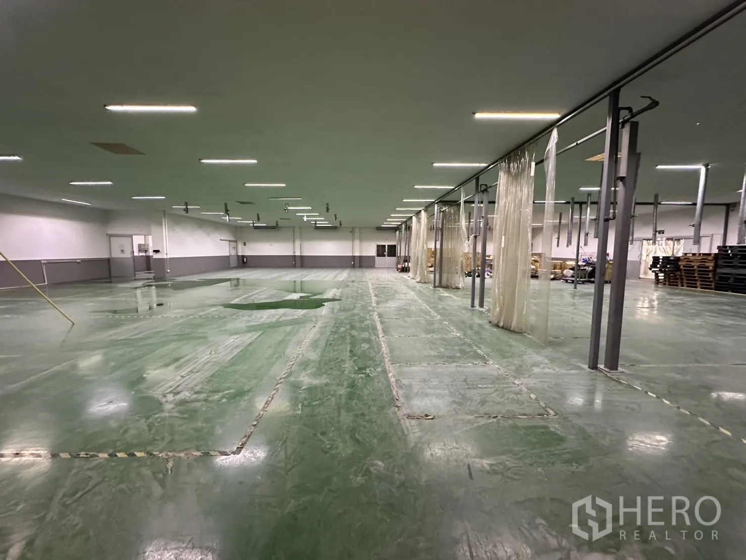 Factory for rent - Clean production area with strip curtains and ceiling lights for zoned processes.