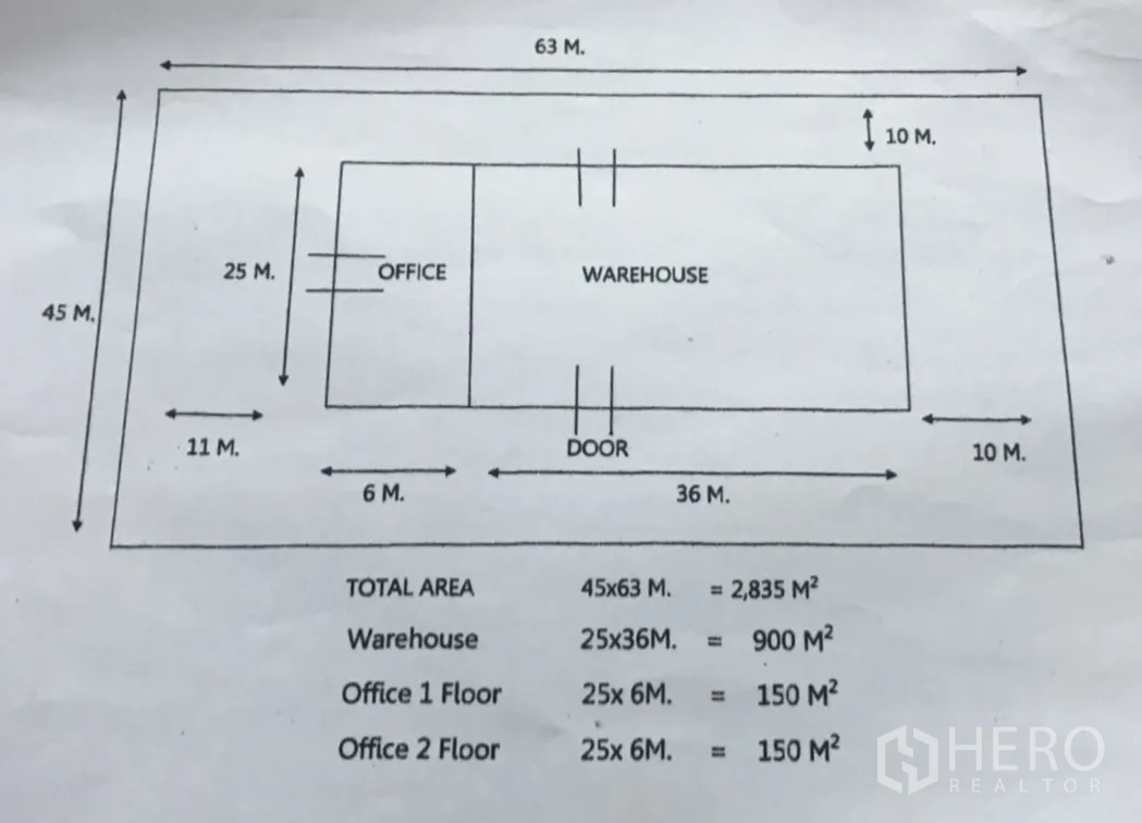 工厂 for sale in Khlong Luang, Pathum Thani - 平面图与场地示意，标注仓库与两层办公室。