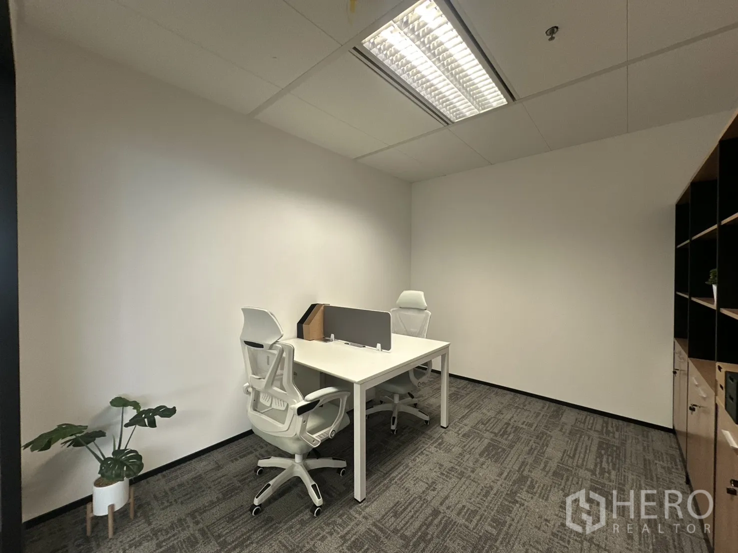 Office Space for rent in Pathum Wan, Bangkok - Compact office room with two desks, chairs, and a potted plant.