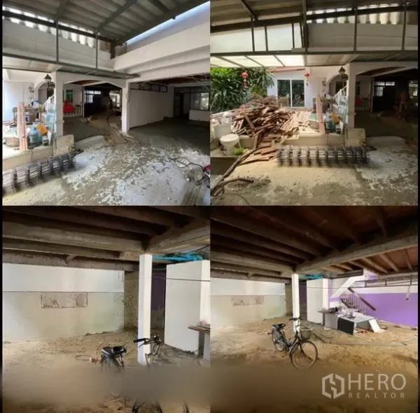 Home Office for rent in Suan Luang, Bangkok - Spacious covered ground level with steel columns, sand base and corrugated roof awaiting finishing.