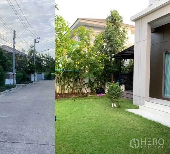 Detached House for sale in Mueang Pathum Thani, Pathum Thani - Quiet residential street and green front lawn beside a modern two-storey detached house in Pathum Thani.