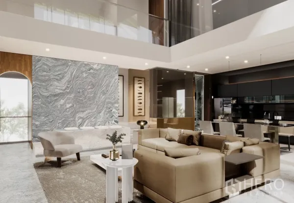 Detached House for sale in Bang Phli, Samut Prakan - Rendered double-height living room with marble feature wall, sofa and dining area.