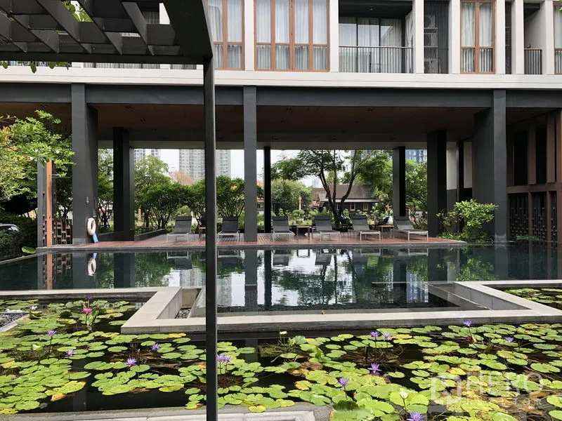 Condominium for rent in Watthana, Bangkok - Condominium garden with reflective pool and lotus pond beside shaded lounge.