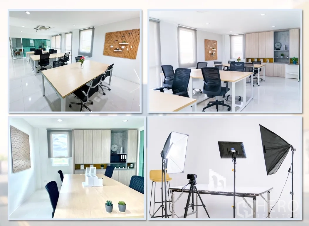 Warehouse for sale in Lam Luk Ka, Pathum Thani - Collage of open-plan offices and photo studio setup with lights and camera.