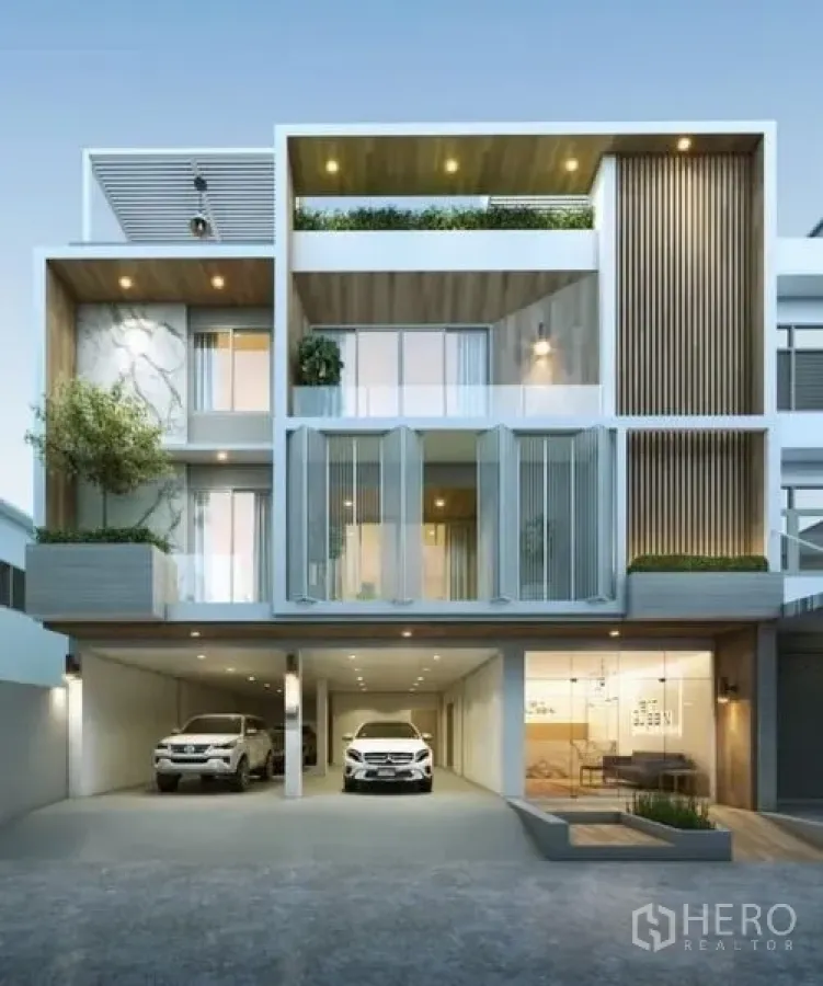 Home Office for rent or sale in Suan Luang, Bangkok - Contemporary multi-storey home office exterior with carports and balconies.