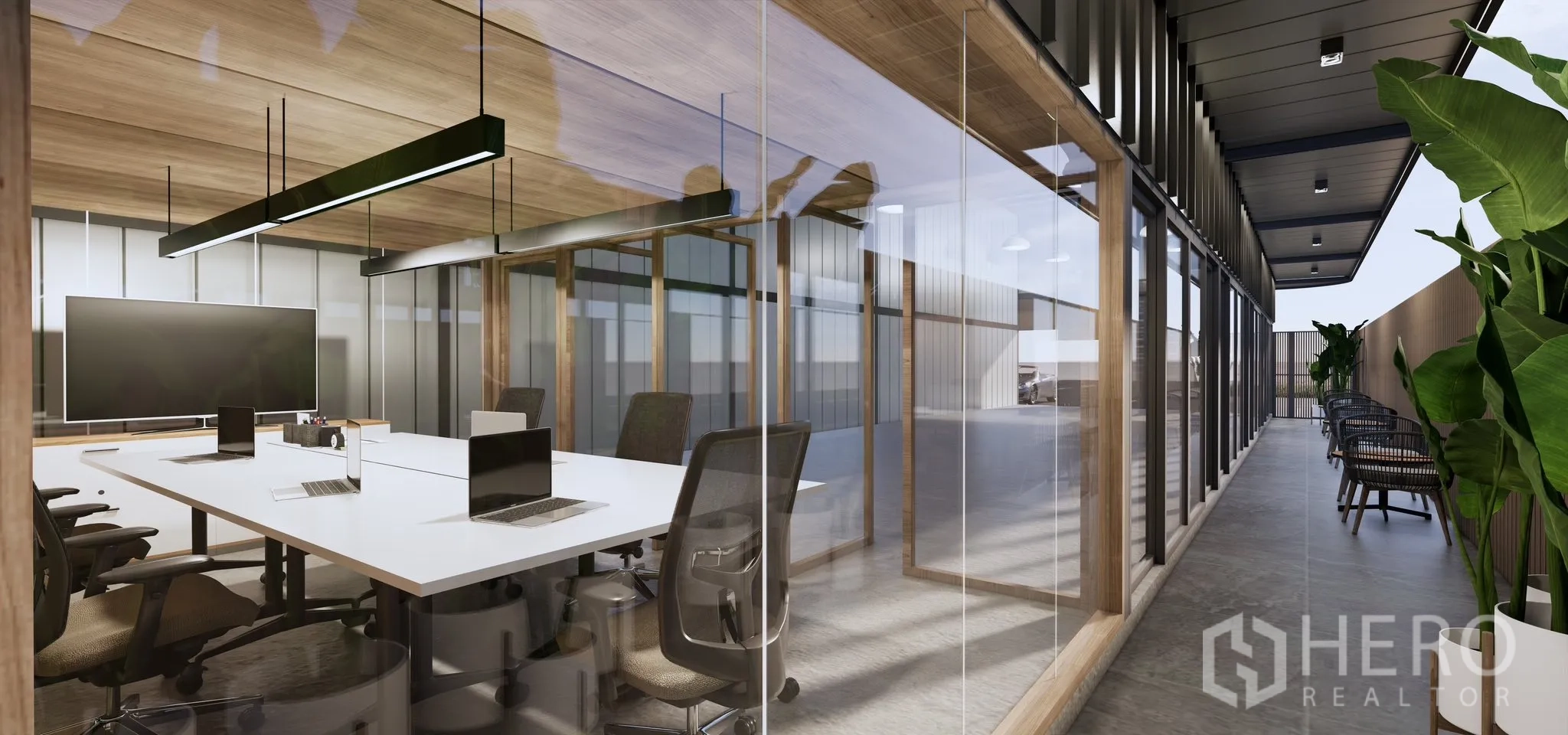 Warehouse for rent in Bang Kapi, Bangkok - Glass‑walled meeting room with long table and office chairs overlooking the warehouse floor.
