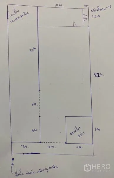 Warehouse for rent in Samut Sakhon - Hand-drawn floor plan showing warehouse dimensions and bathroom position.
