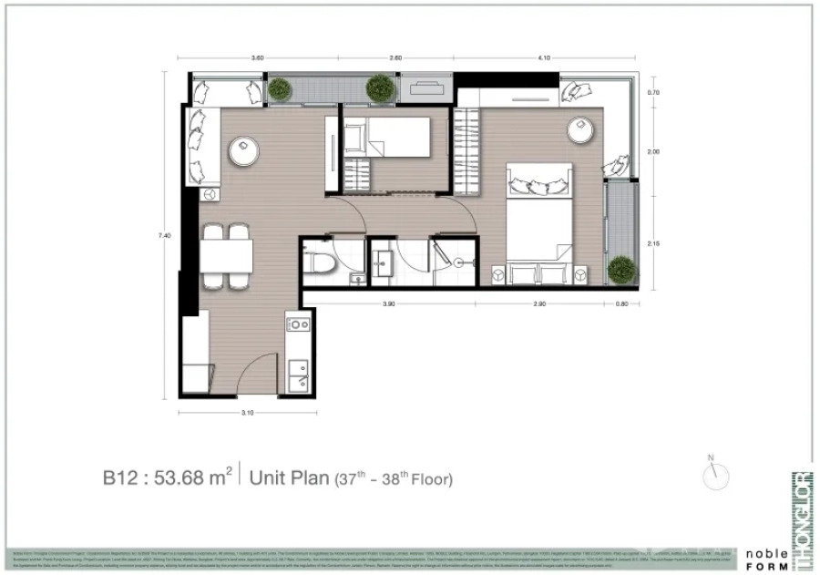 Condominium for sale in Watthana, Bangkok - Upper-floor Thonglor condo floor plan showing approx. 53 sqm layout with living-dining area, kitchenette, one bedroom, flex room, bathroom, and two balconies.