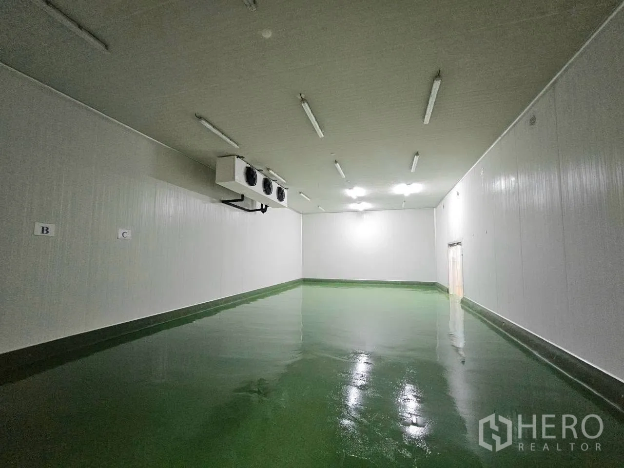 Factory for rent in Mueang Samut Sakhon, Samut Sakhon - Alternate view of cold room showing smooth green floor and lighting.